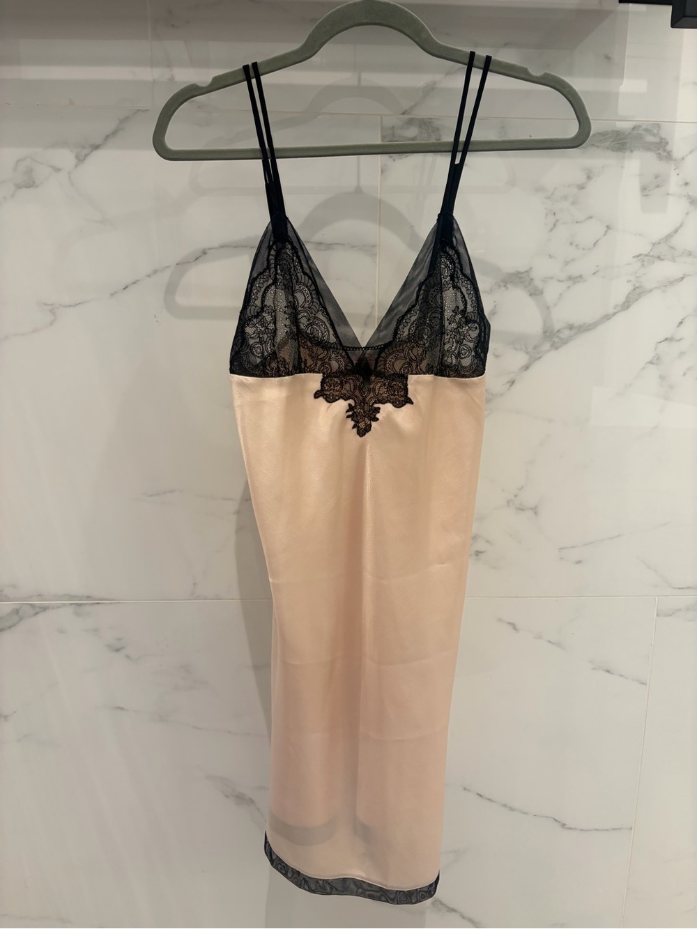 VTG Oscar de la Renta Pink Label Beige Slip Black Lace Adjustable Straps Sz S